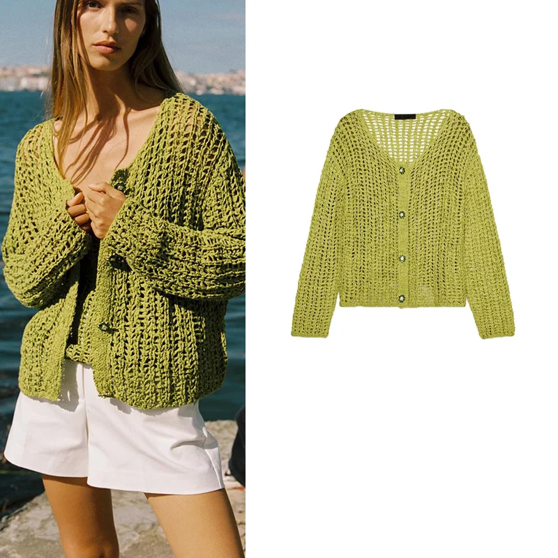 

Summer New Women's Knitted Jaet Pearl Button Decor Simple Long Sve V-Ne Polyester Fiber Open Cardigan Sle Regular Le...