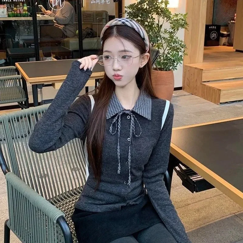 Polo Collar Tie Knit Sweater For Women in Spring College Style Slim Fit Waist Cinched Long Sleeved Retro Checkered Layered Top