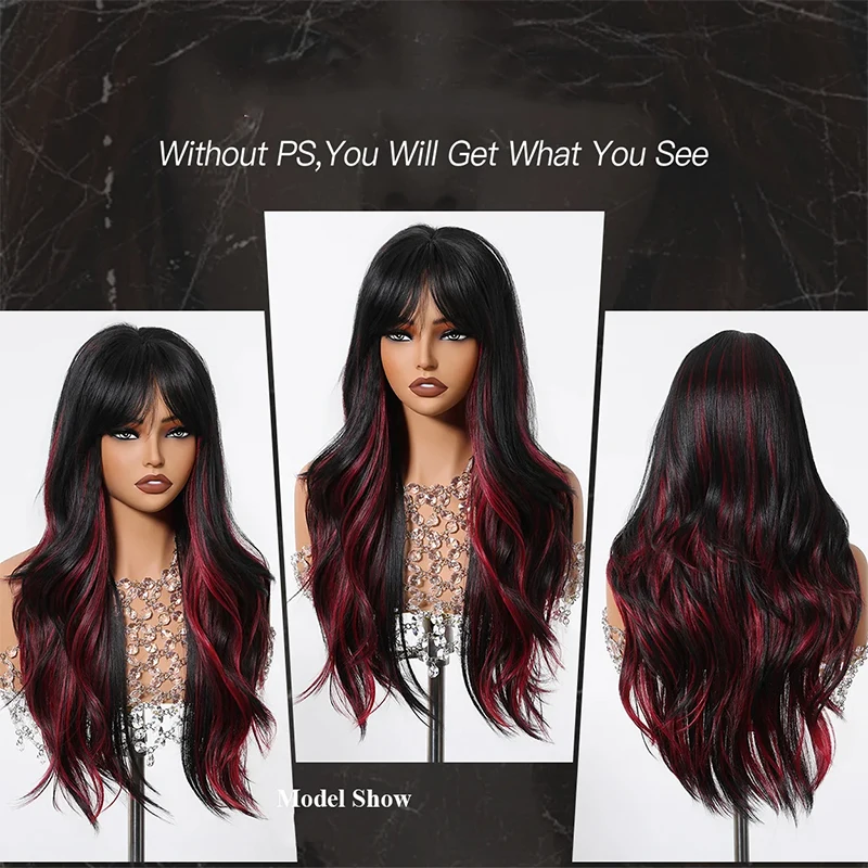 Long Wavy Black Blend Red Wig with Bangs Black Highlight Red Synthetic Wig for Punk Costume Cosplay Colorful Wig