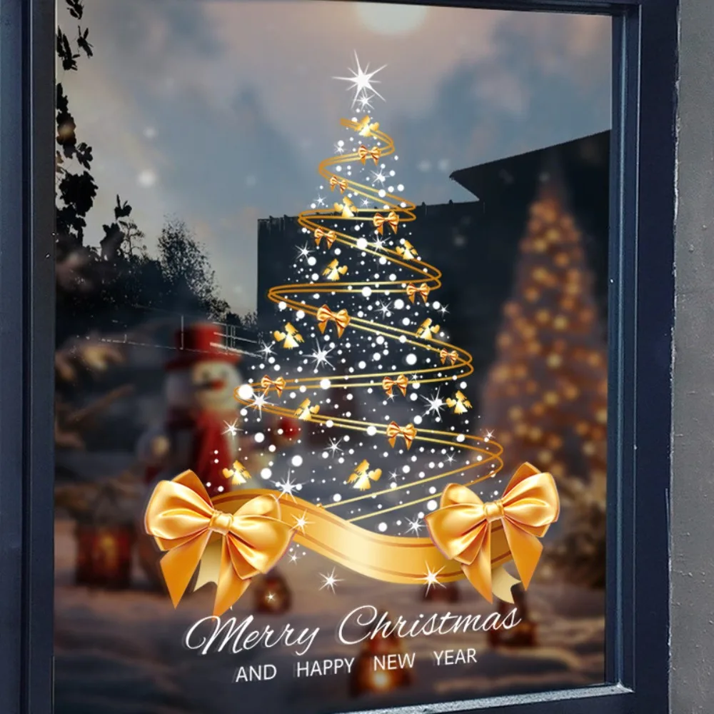 Static Cling Golden Christmas Tree Window Stickers Double-Sided Printed PVC Christmas Tree Window Decal Glue-free Large Size