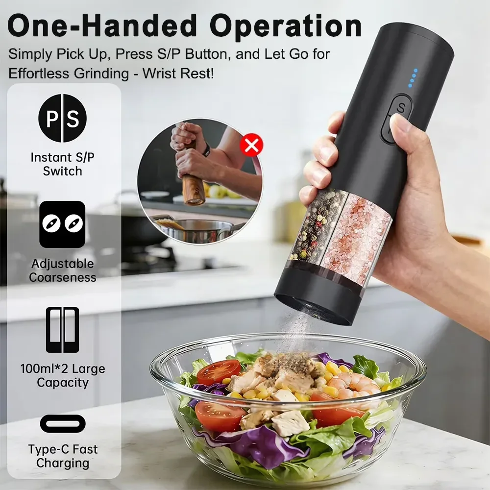 1/2pcs Gravity Electric Salt and Pepper Grinder Dual Chamber USB Adjustable Automatic One Hand Operated Kitchen Tool