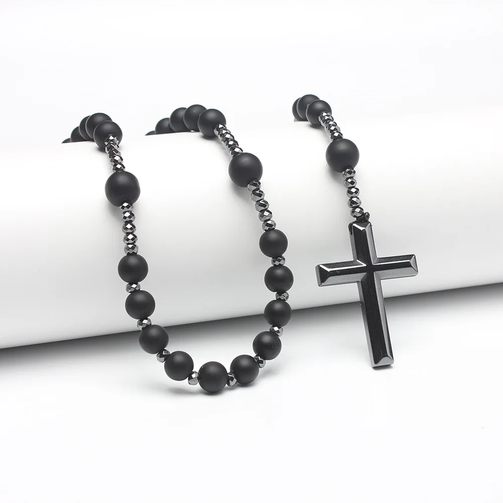 Natural Stone Tiger-eye Beads Hematite Cross Pendant Necklace for Men and Women Rosary Jewelry