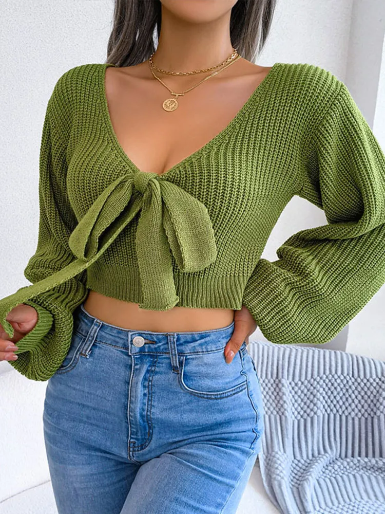 Fashion Bow V-neck Lantern Sleeve Women's Sweater Sexy High Waist Exposed Navel Short Solid Color Knitted Pullover New Autumn