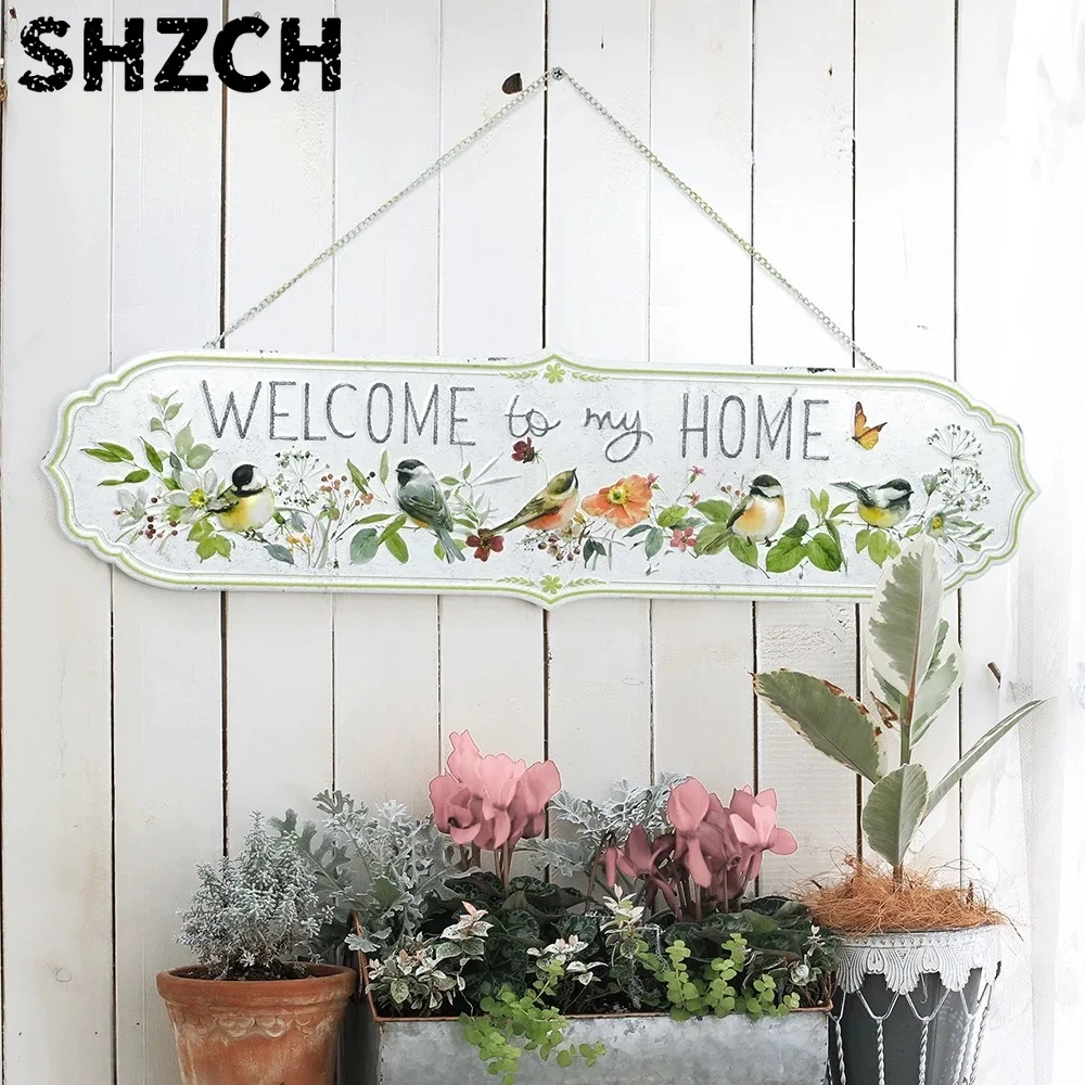 Welcome to My Home Sign, Decorative Wall Plaque with Birds and Floral Design, 31.5 x 8.3 inches, White