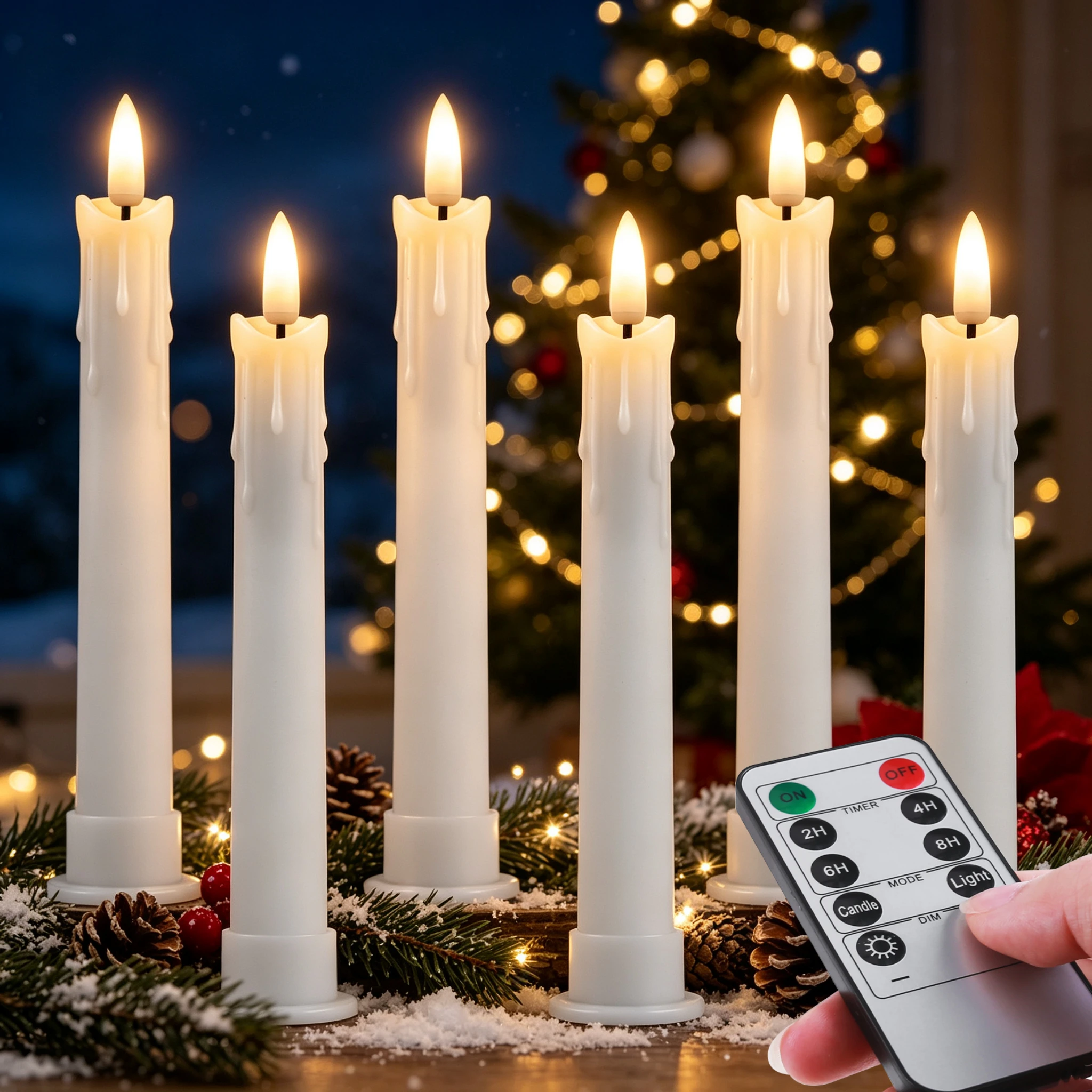 6 Pack Flameless LED Taper Candles Rechargeable Realistic Taper Flickering Electric 3D Wick LED Light Candle with Remote Control and Battery Operated Timer Led Candles for Home Decor Christmas Table