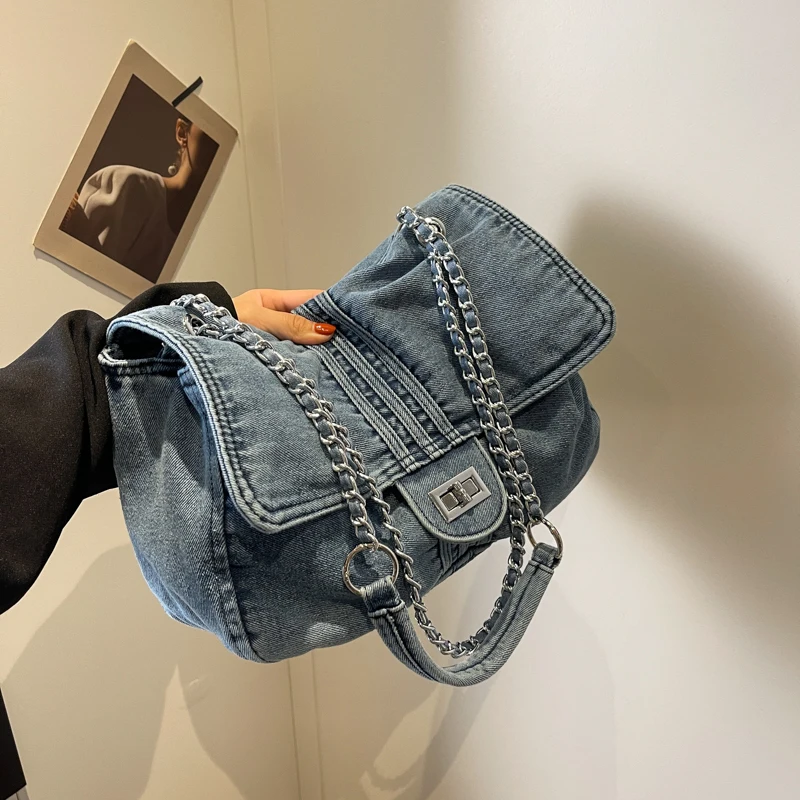 

Denim Bag Women's Retro New Fashion Large Capacity Small Fragrance Chain Shoulder Bag High-end Commuter Tote Hobo Bag Versatile Armpit Bag