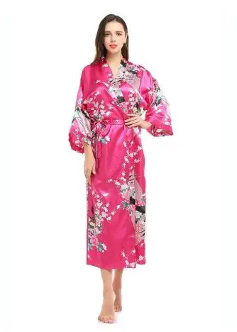 Womens Silk Satin Kimono Robes Long Sleepwear Dressing Gown Floral Peacock Printed Pattern Party Wedding Bridesmaid Bathrobe