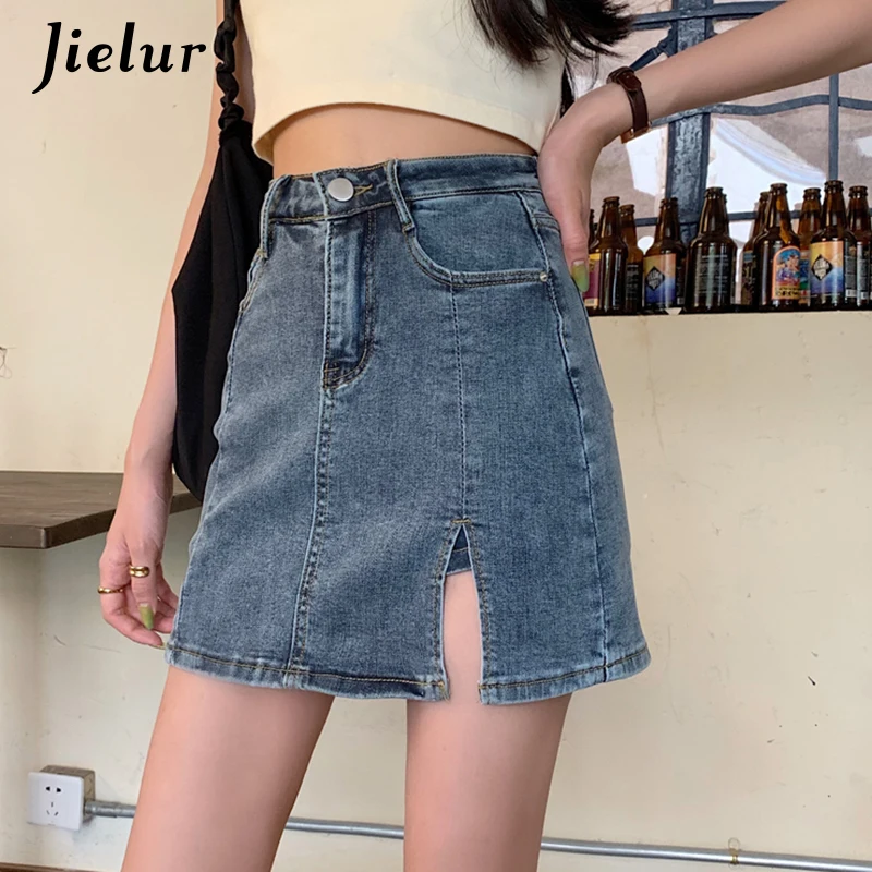 

Korean Style Denim Skirts High-waisted Women Fashion Classic Blue Side Split Short Skirt A-line Skirt Kawaii Girls Mini Skirts