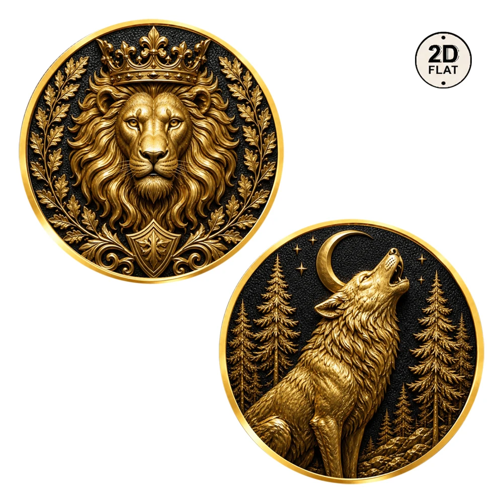 1pc Noble Wild Beast 2D Printed Metal Challenge Coin King Lion Moon Wolf Commemorative Medal Souvenir Token Gift for Animal Fans