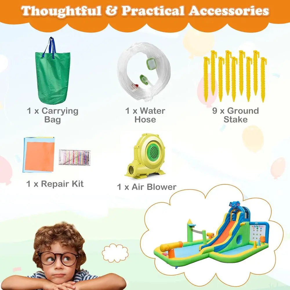 Scivolo d'acqua Iatable, parco acquatico gigante 9 in 1 con piscine antispruzzo, punta Tic Tac e parete da arrampicata, colpo esterno