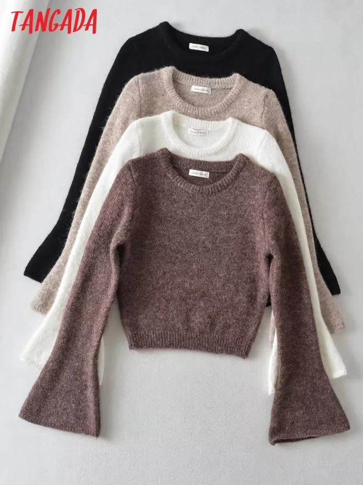 Tangada Women Thick Solid Knit Sweater Flare Long Sleeve Female Cropped Jumper 2T51