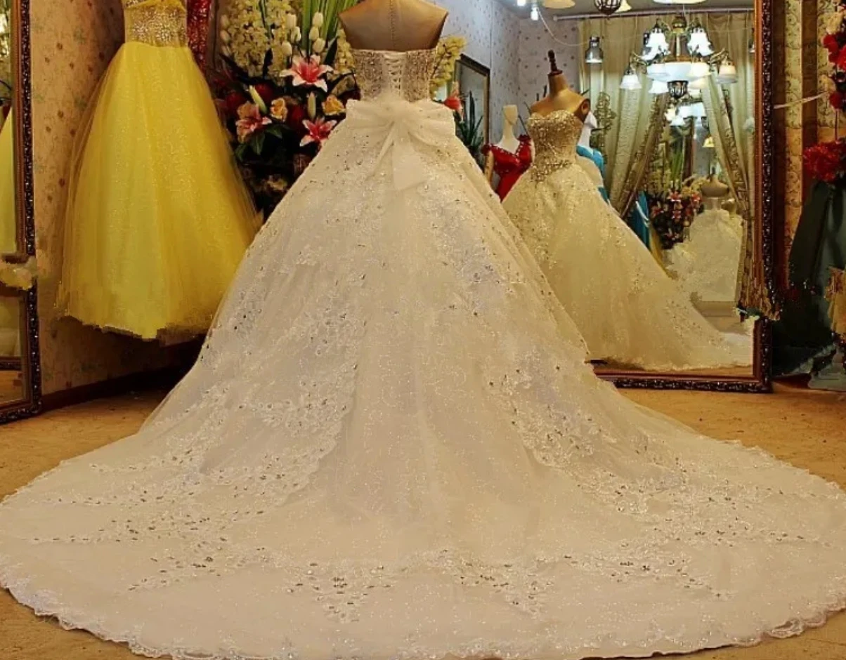 Gaun pengantin mewah gaun pernikahan Muslim tulle renda bermanik kristal kereta besar Sweetheart dress wedding