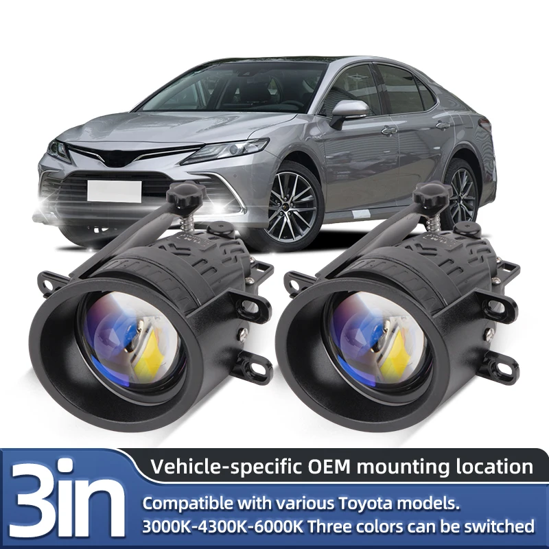 12V Super Bright Fog Light Lens 3.0 Bi LED Projector Blue Film Three-color 6000K 3000K 4300K H11 Led Light For Toyota Fog Lamp