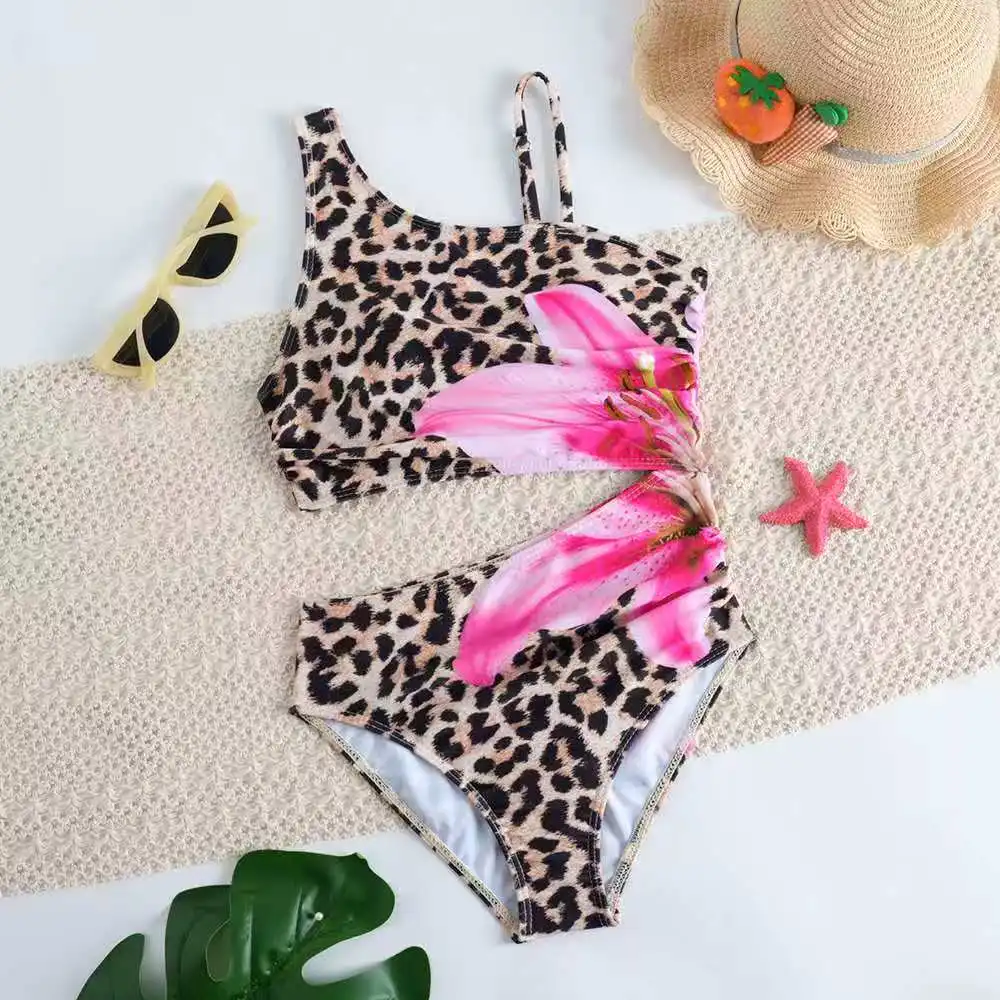 

2026 леопардовый купальник для девочек, цельный детский купальник с цветочным принтом, женский детский купальный костюм, купальный костюм, пляжная одежда