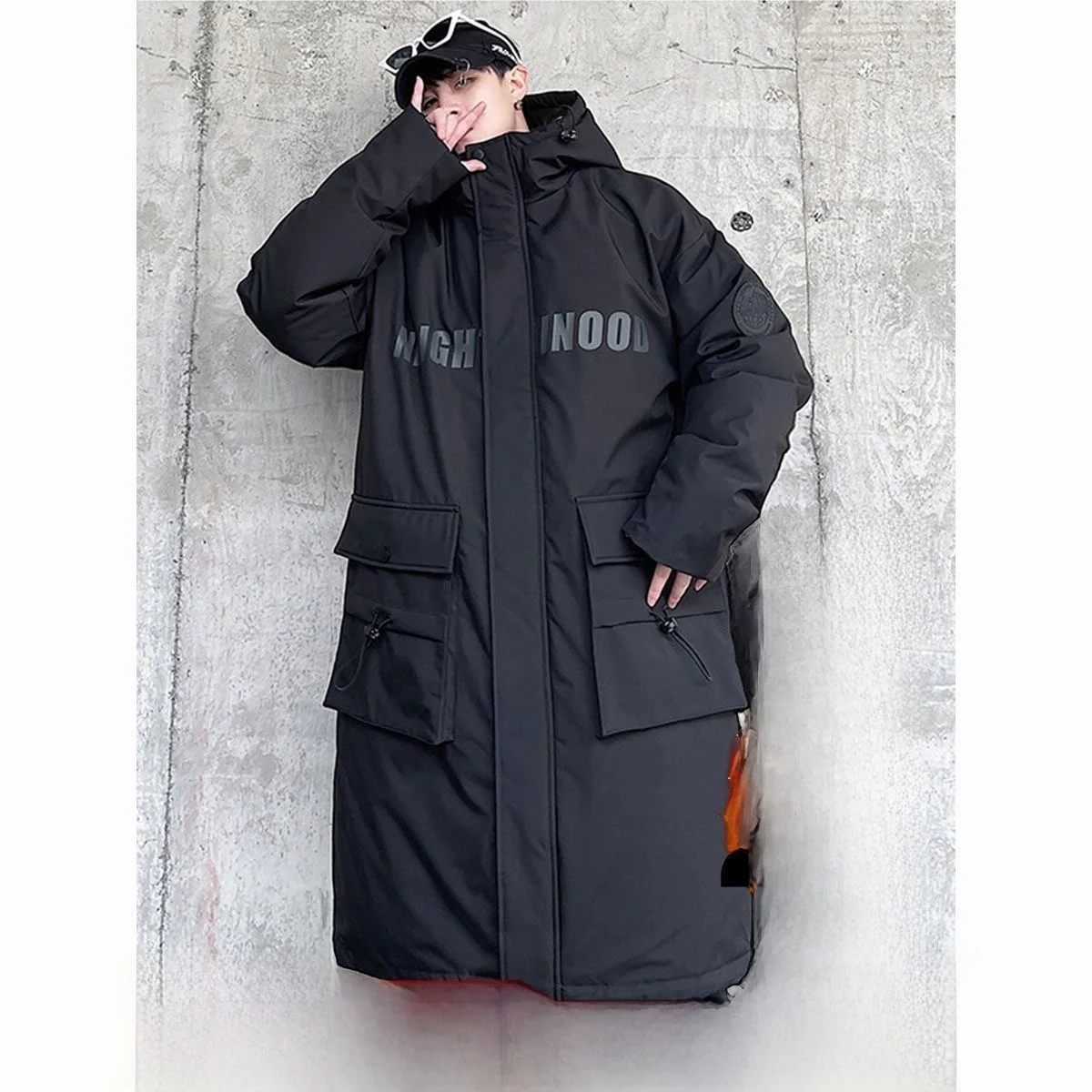 

Thiened Cotton Jaet Mid-Length Winter Coat Youth Faion Loose Fit Over-Knee Anti-Cold Workwear Zipper Closure Casual