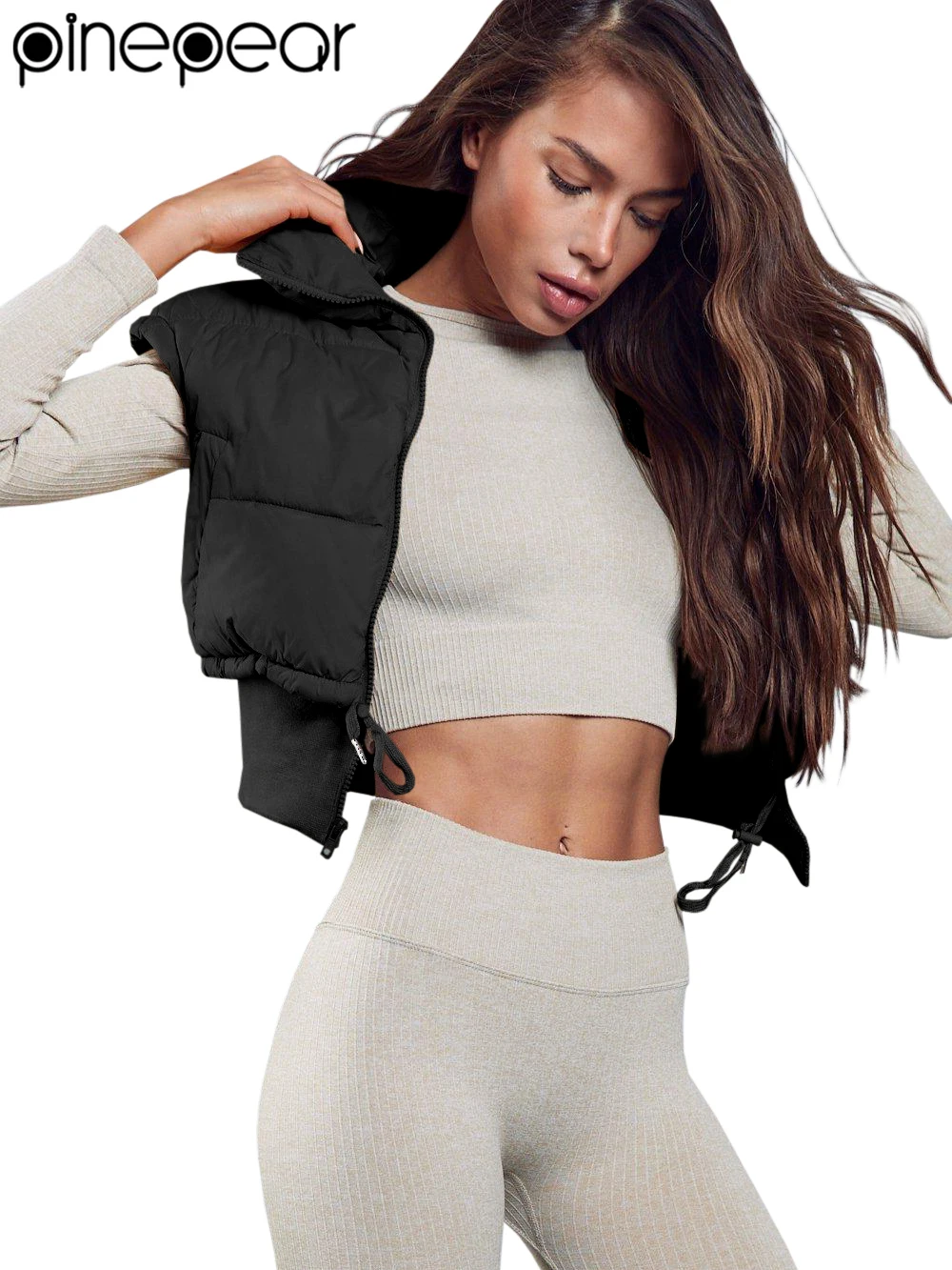 

PinePear женский зимний теплый укороченный жилет без рукавов с воротником-стойкой, пальто с завязками по краю, легкий пуховик, уличная одежда 2025 г.