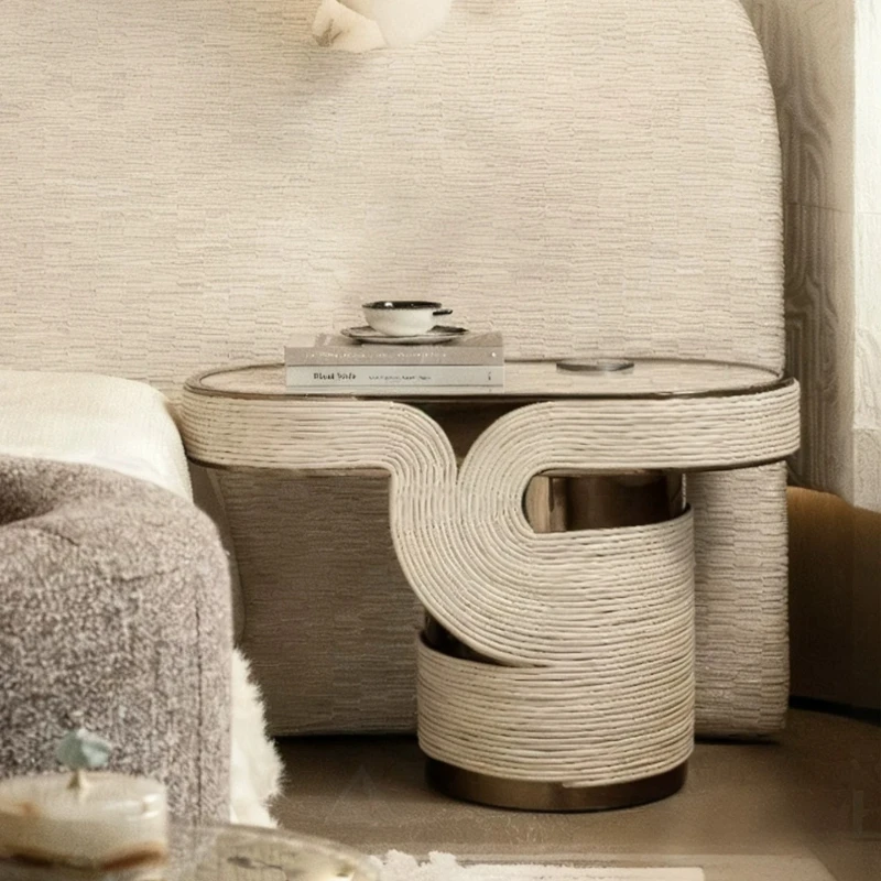 

Light luxury marble bedside table Modern special-shaped edge few creative stainless steel base Villa bedroom storage cabinet
