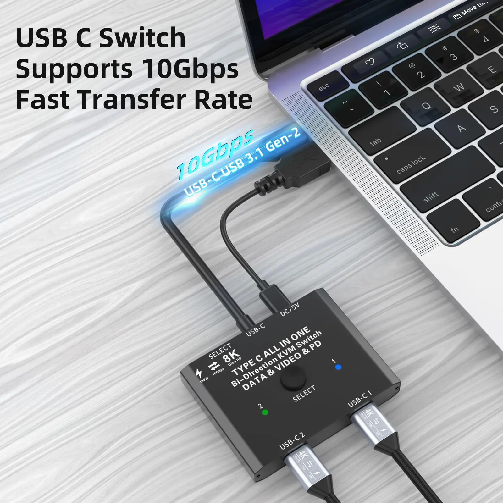 

Переключатель USB C 2 компьютера 1 монитор, переключатель USB C 8K при 60 Гц 2 в 1 выход для 2 ноутбуков, 10 Гбит/с / USB 3.1 Gen 2 / 100 Вт PD/проводной пульт дистанционного управления