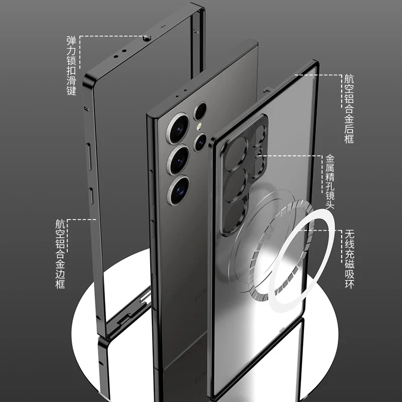 Custodia per Samsung S24 Ultra S24 + custodia protettiva per fotocamera in vetro temperato con struttura in metallo in lega di alluminio per Samsung