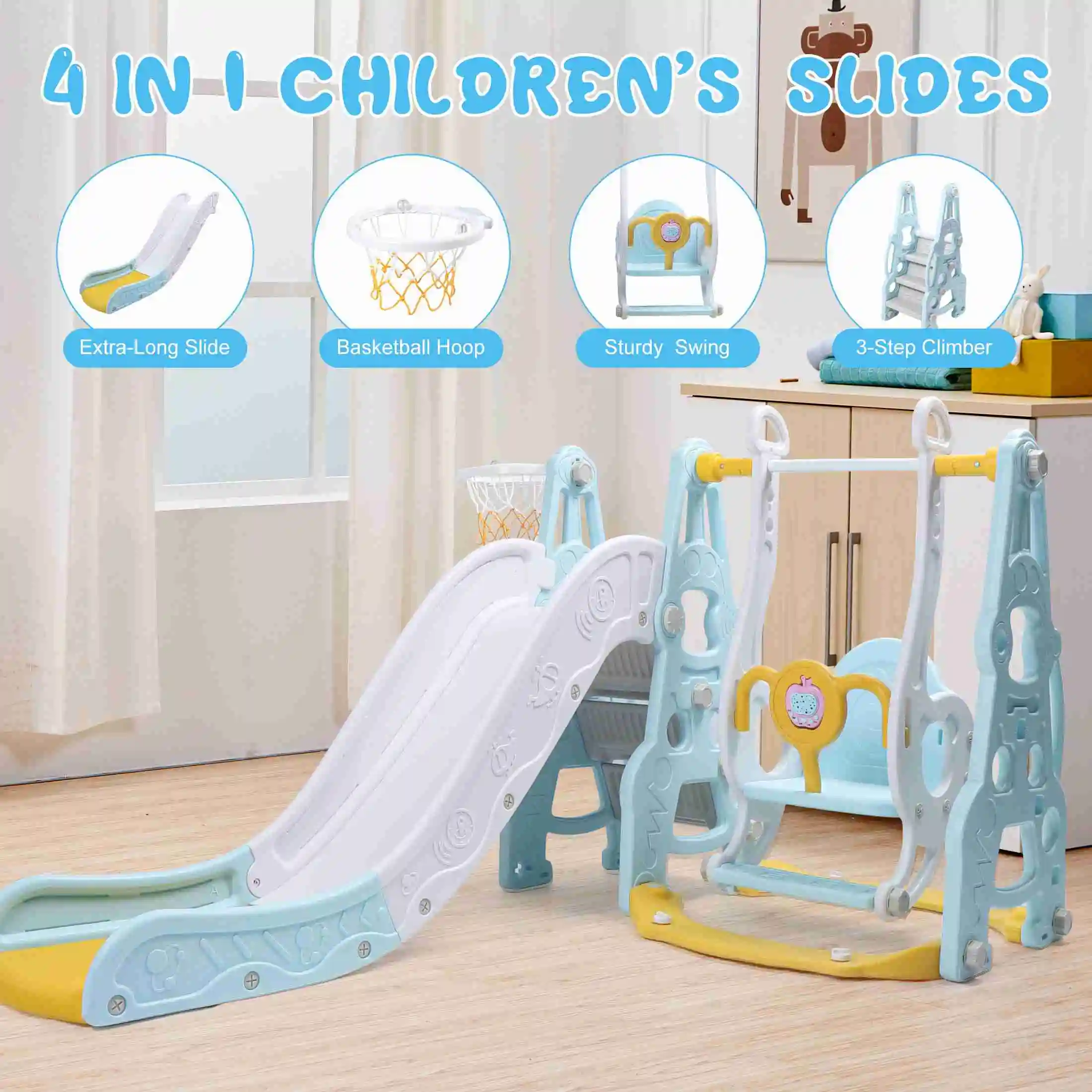 

4 In 1 Toddler Playground Set Swing Slide Climber Basketball Hoop Backyard Indoor Playset for Boys and Girls Blue
