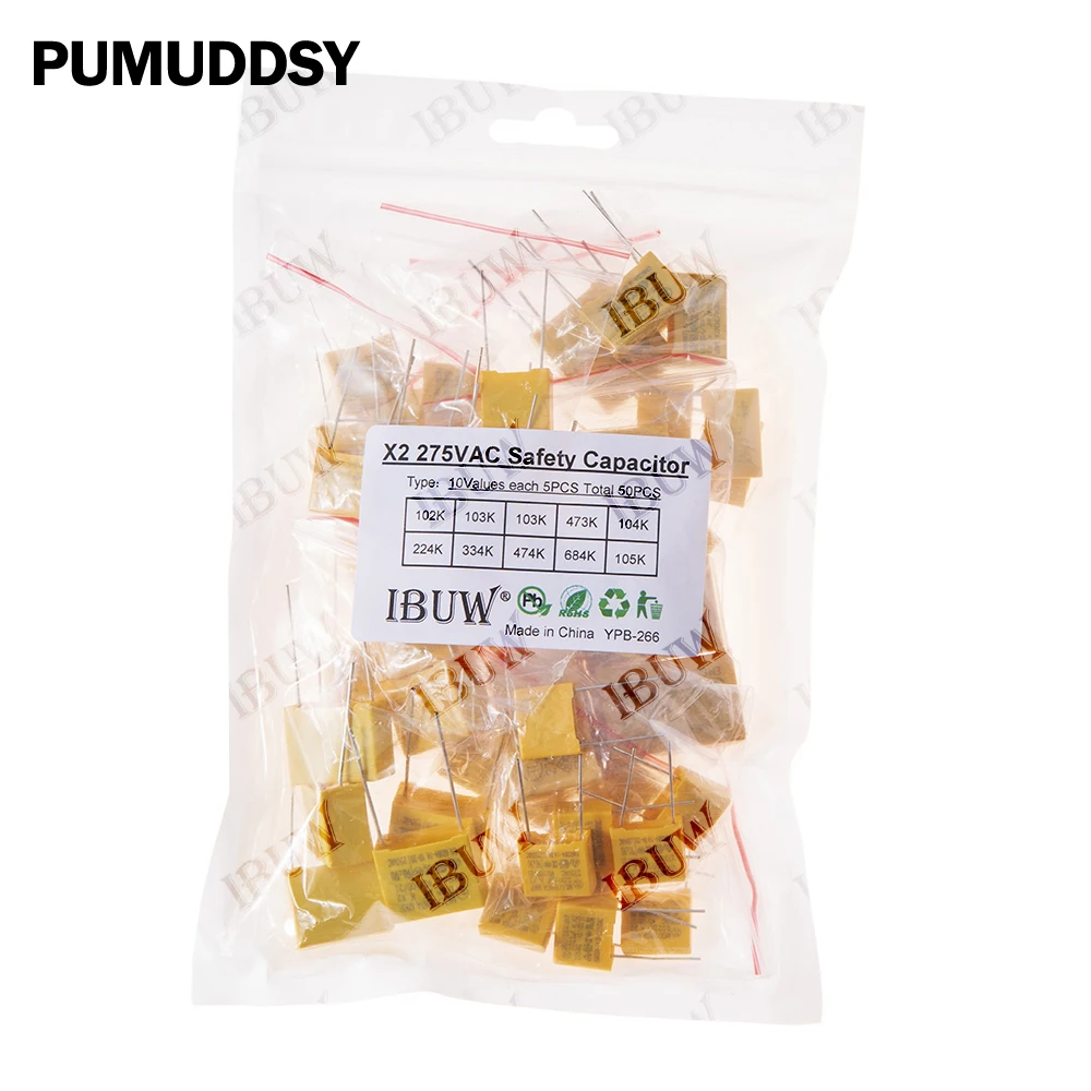 

50pcs/Lot X2 Safety Capacitor Assorted Kit Polypropylene Film 275VAC 10Values Each 5PCS 1NF - 1UF 1NF 224K 334K 474K 684K 105K