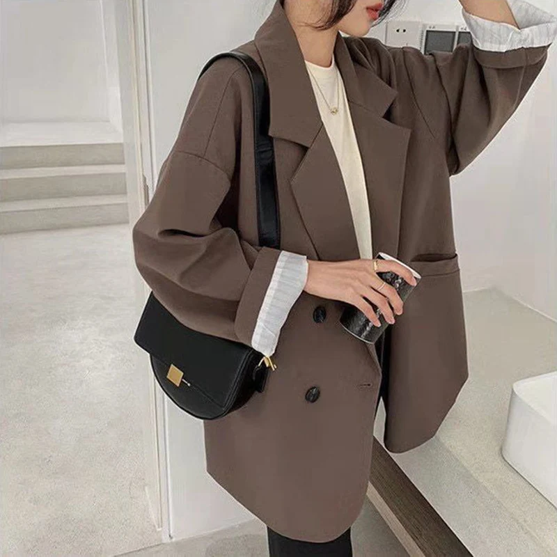 Vintage Blazers Women Elegant Solid Loose Coat Spring Fall Casual Oversized Suit Office Lady Work Long Sleeve Minimalist Jacket