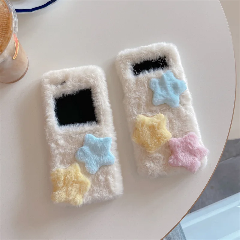 

Plush Colorful Stars Phone Case for Samsung Galaxy Z Flip 3 Z Flip 4 Z Flip 5 Hard PC Back Cover for ZFlip5 Case Shell