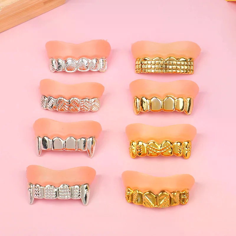 2PCS Gold And Silver False Teeth Simulated Zombie False Teeth Funny Trick Braces Halloween Costumes Electroplated