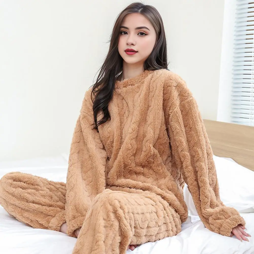 

Womens 2 Piece Pajamas Set Soft Comfy Fleece Pullover Ribbed Set Fluffy Warm Plush Lounge Sleepwear