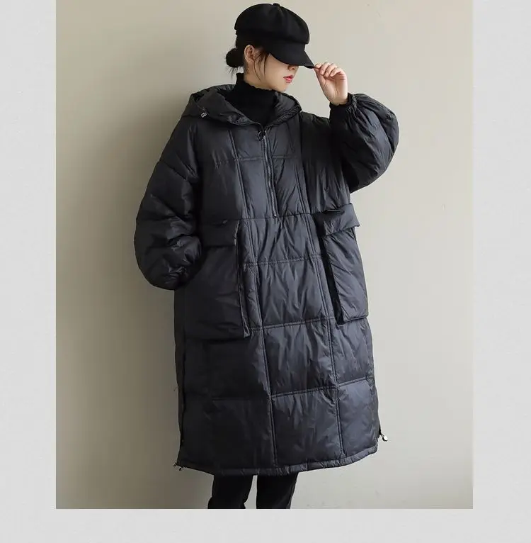 เสื้อแจ็คเก็ตผ้าฝ้ายบุขนเป็ดสำหรับผู้หญิง รุ่นใหม่ประจำฤดูใบไม้ร่วงและฤดูหนาว สไตล์เรโทร กันลม มีฮู้ด ทรงโอเวอร์ไซส์