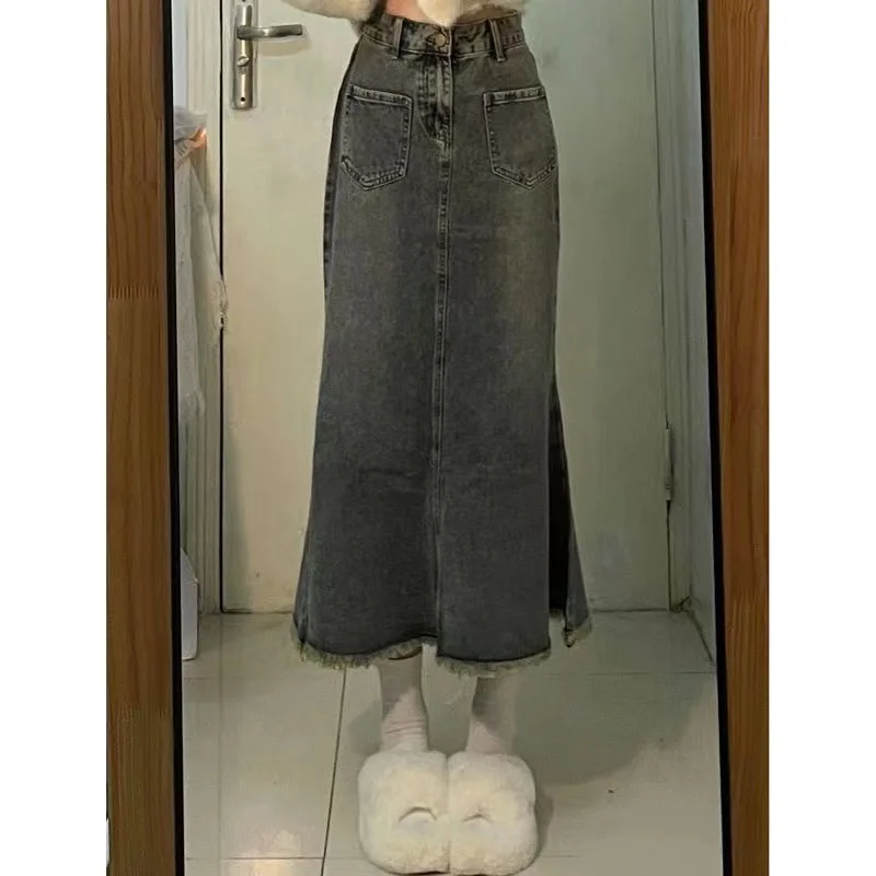 

Джинсовая юбка миди А-силуэта с высокой талией для женщин, визуально стройнящая фигуру, винтажная, в корейском стиле, осенняя новинка, большие размеры