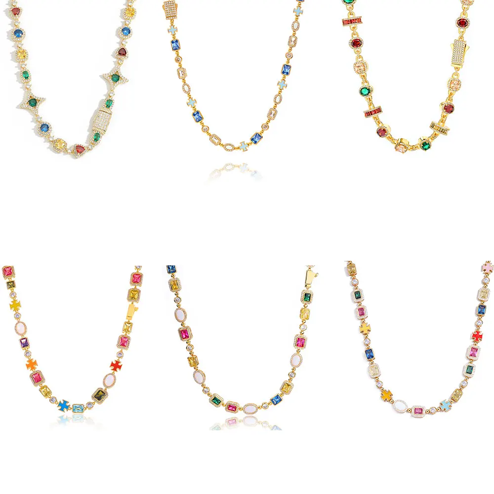 

ESKEEM 6/7/10/15mm Iced Out Colorful Gemstones Chain Necklaces for Women Men Fashion Jewelry Enamel Cross Bracelet