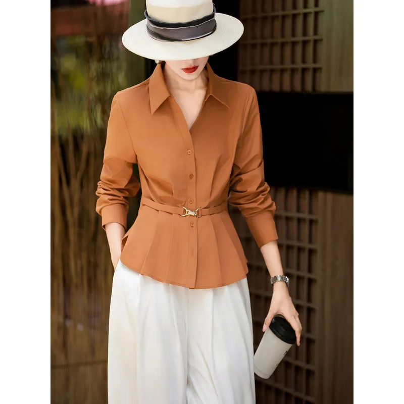 MEXCOCO Women Spring Autumn New Elegant Commuter Office Single‑breasted Lapel Waist‑Tight Slim Fit Shirt Blouse Tops