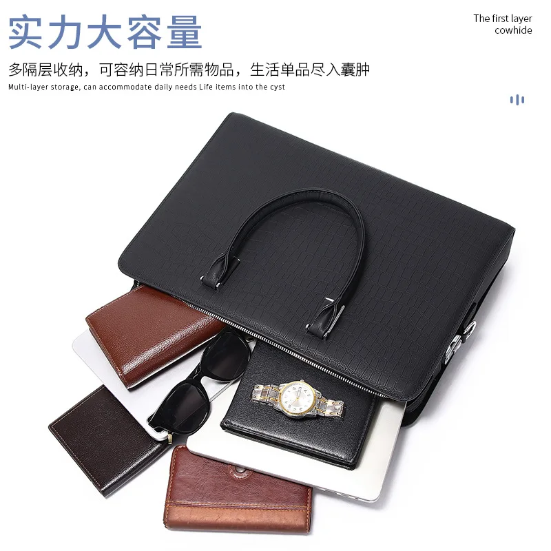Men's Briefcase Top Layer Cowhide Waterproof Genuine Messenger Leather Laptop Luxury Brand Bag Large Capacity Handbag High-end