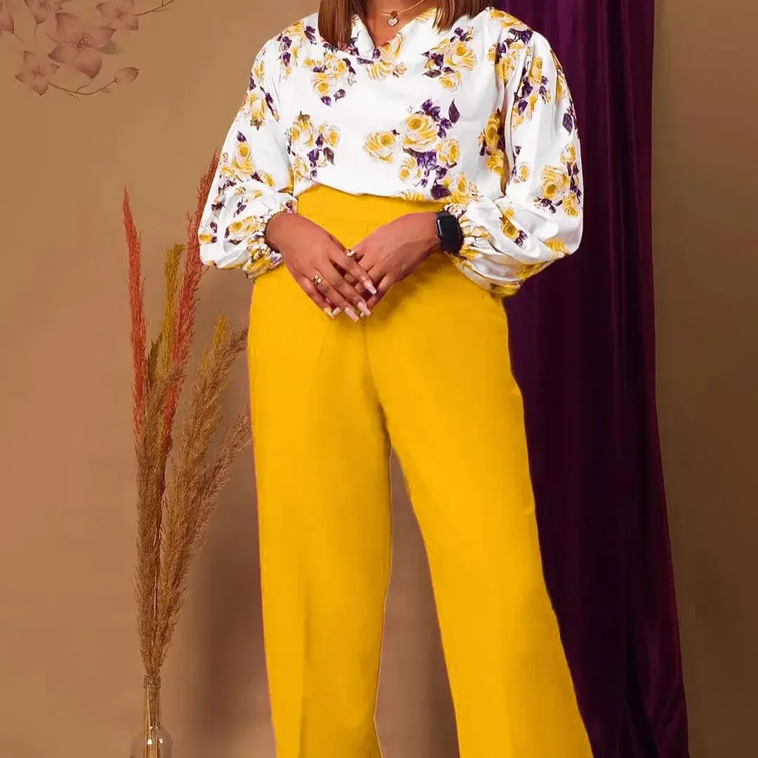 Autumn Fashion Printing Two Piece Set African Women Elegant OL Fragmented Satin Shirt Wide Leg Pants Two Piece Set Women