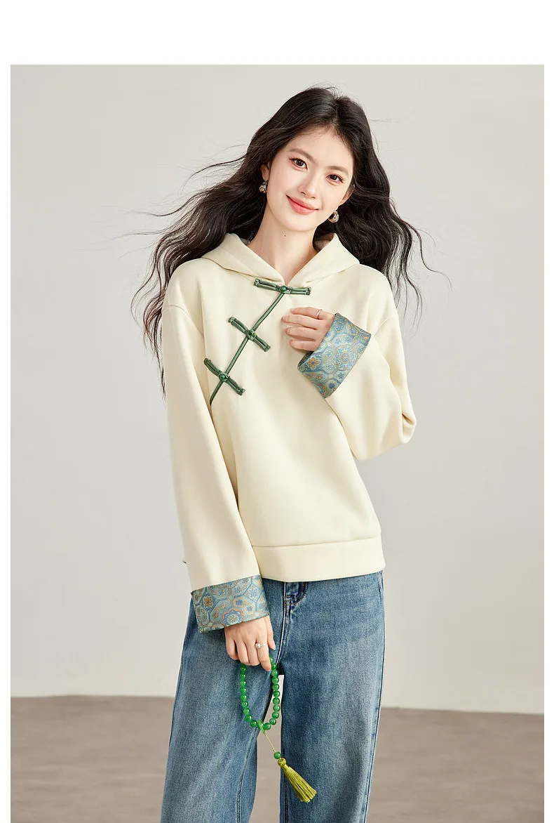 VIMLY New Chinese Style Hooded Sweatshirt Fall Winter Color Contrast Frog Button Fleece Lined Thickened Pullover Ladies A7683