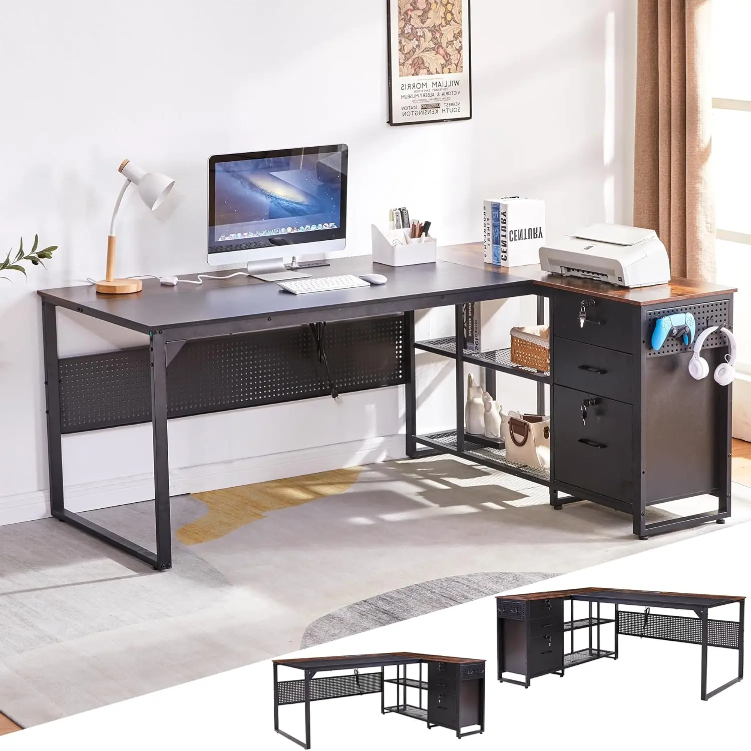 

70.5" Reversible L Shaped Executive Desk with Power Outlet Lockable File Drawer Storage Shelves Pegboard Home Office, Customized
