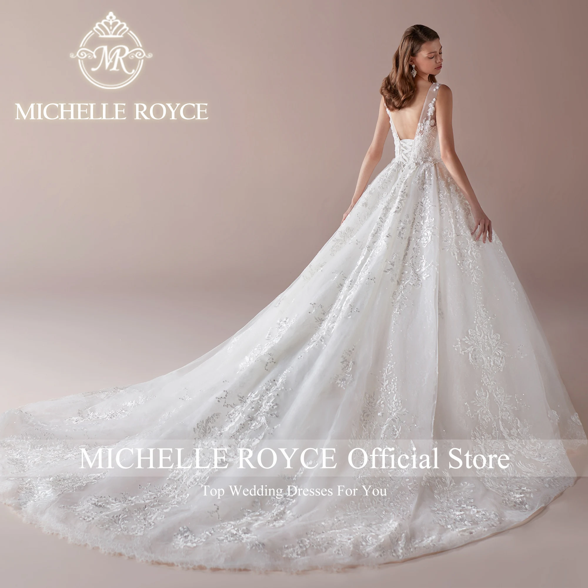 Michelle Royce Ball Gown Wedding Dress Sexy SCOOP Appliques Embroidery Shimmering Tulle Lace Up Wedding Gown Vestidos De Novia