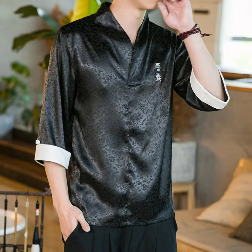 

Мужская рубашка из ледяного шелка с вышивкой, с рукавом 3/4, на пуговицах, в ретро-стиле, повседневная, модная, молодежная, летняя, тонкая, с острым воротником