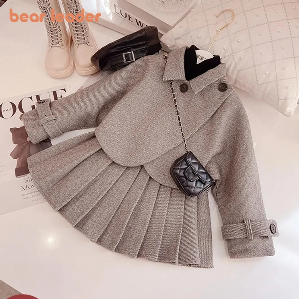 Bear Leader Fashion Kids Girls Princess 2pcs Clothes Set Autumn Winter Children Coat Outwear+Skirts Vintage Outfits Suit 2-12Y