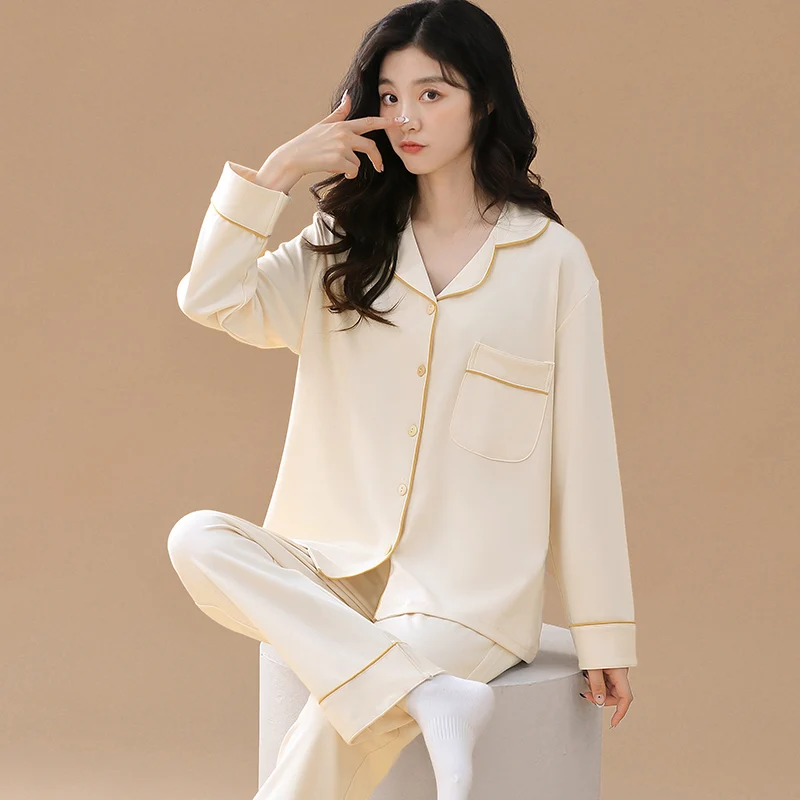 Large size long sleeve suit combed cotton spring autumn new cardigan small lapel simple casual sweet pajamas women's home clothe