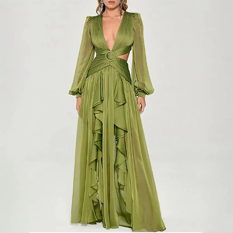 Green Sexy Hollow Evening Dresses Chiffon Long sleeves V Neck Lotus leaf edge Women Elegant Prom Dresses Customized