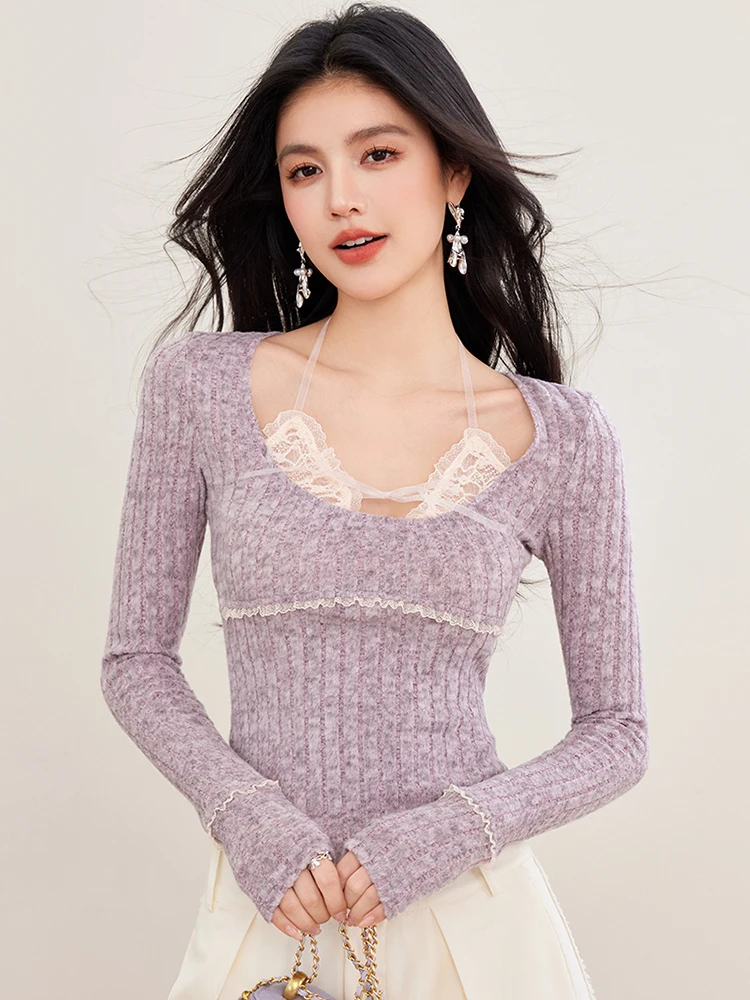 Fake Two Pieces Halter Knitted Tops Women Niche Design Long Sleeve Slim Tops Spring Autumn Hotsweet Chic Patchwork T-shirt