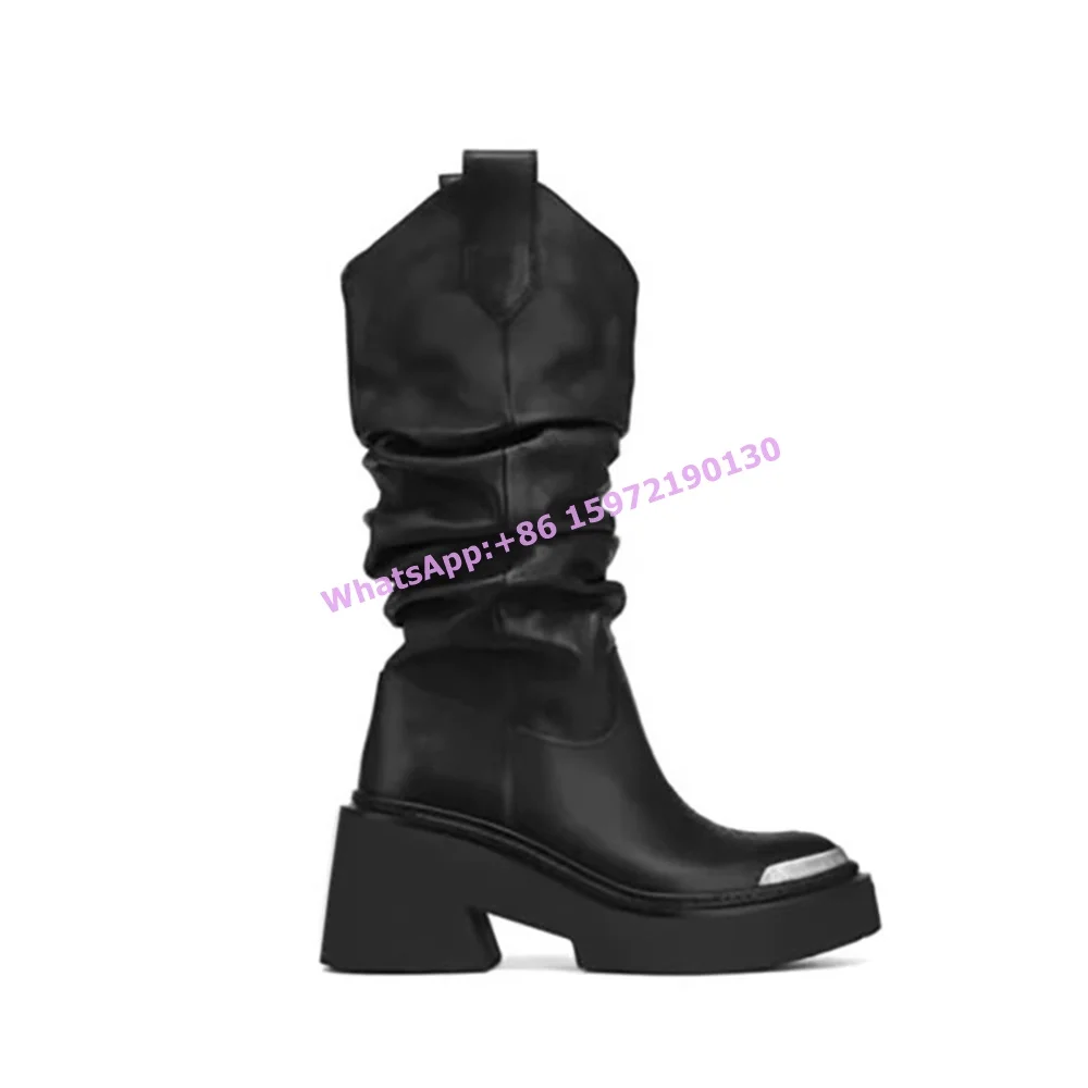 Pleated Black Metal Decoration Boots Round Toe Square Heels Slip On Hotties Knight Boots Thick Soled Sexy Winter Fashion Boots