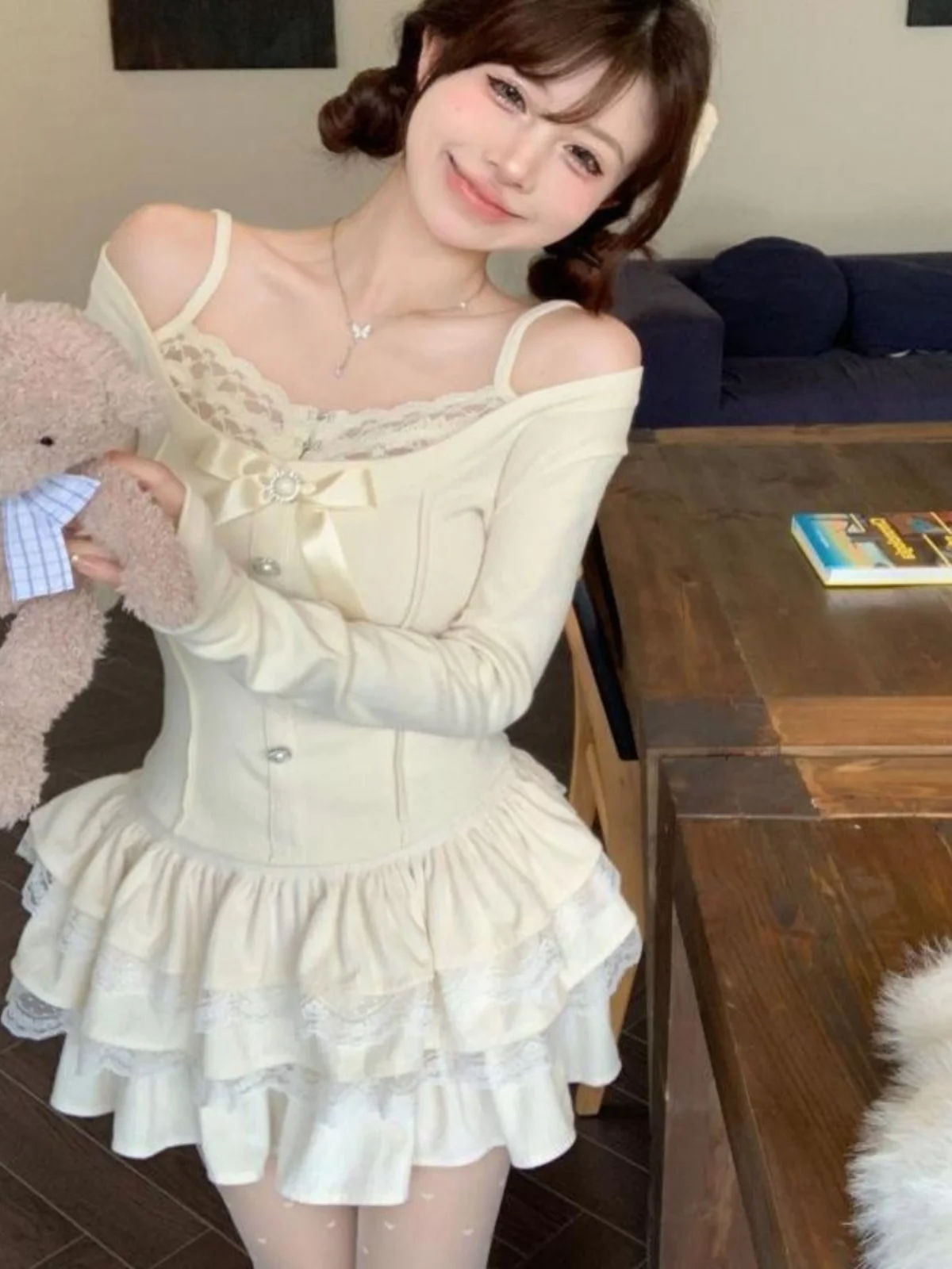 

Новый кружевной базовый топ Pure Desire, пышная юбка-торт трапециевидной формы, четырехсезонная юбка с высокой талией, антивозрастной комплект, женская мода