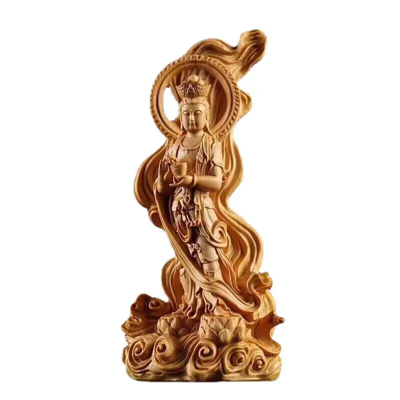 Wooden Sea-crossing GuanyinStatue Chinese Buddha Natural  Log Color Solid Wood Carving Home Living Room Decoration Statue