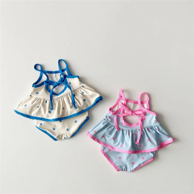 2023 Summer Korean New Kids Children Strap Swimsuit 3 Pcs Baby Cute Dots Print Swimwear for Girls Bikini Suit 1-5Years