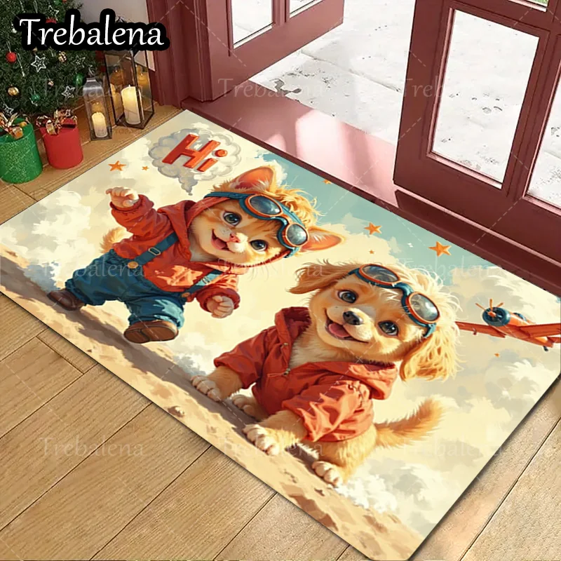

1pc Welcome Door Mat Cute Cat and Dog Pilot Print Indoor Outdoor Welcome Mat Soft Floor Rug