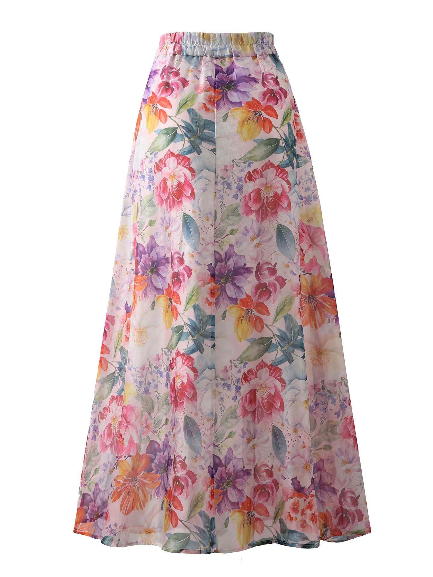 High Quality New Spring Summer Pink Flowers Printing Ultra Long Skirt Women All-match Elastic Waist Organza Casual A-line Skirt
