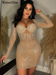 Kricesseen Sexy Rhinestone Decor Sheer Mesh Bodycon Dress Skinny Mini Dress New Women Long Sleeve Night Clubwear Mini Dress